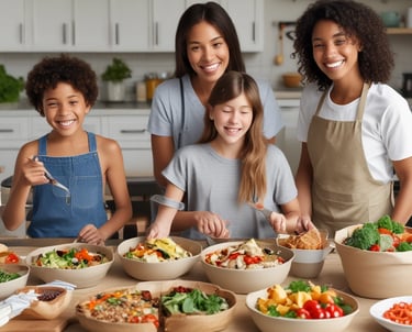 A colorful spread of freshly prepared family meals on a rustic wooden table.