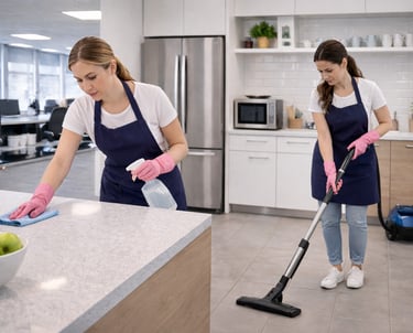 Professional house and office cleaning team disinfecting and vacuuming interior spaces