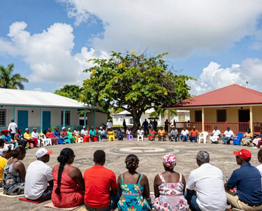 Community members gathered in a town hall meeting discussing local governance.