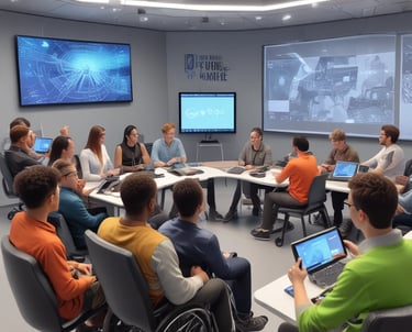 A futuristic office space with holographic AI interfaces and a team collaborating.