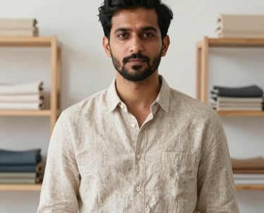 Portrait of a man in a minimal beige linen shirt, standing in a bright design studio. The background features light wood shelves and fabric swatches. South Asian with European influence.