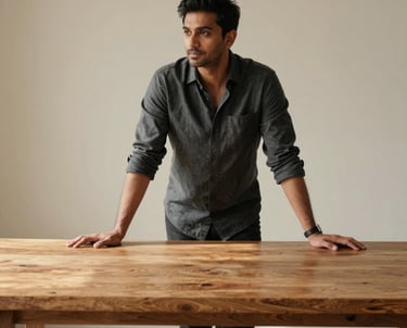 Portrait of a man in a dark grey shirt, leaning against a large oak table in a sunlit room. The composition is minimal and modern. South Asian with European influence.