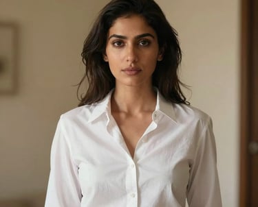 Portrait of a woman with a confident expression, wearing a modern white blouse. She is standing in a room with warm beige walls and soft shadows. South Asian with European influence.