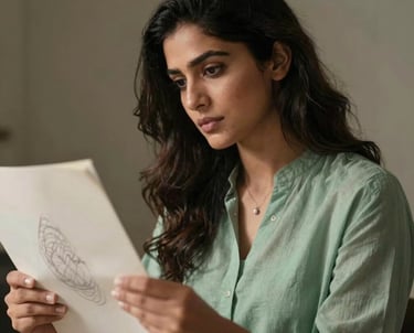 Portrait of a woman in a muted green outfit, looking thoughtfully at a sketch. The lighting is soft and directional, typical of a high-end editorial. South Asian with European influence.