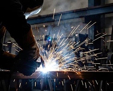 Soldador trabajando en valla metálica en taller de carpintería metálica en murcia