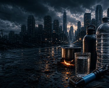 Survival gear with water purification tools and a cooking pot over a fire in a dark post-apocalyptic city.