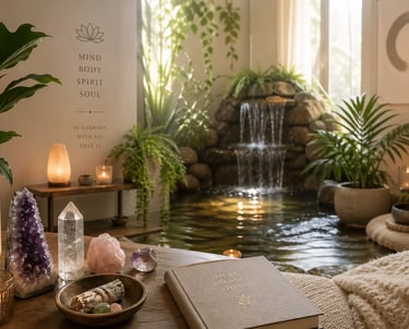 Warm, neutral healing space with plants, crystals and a water element.