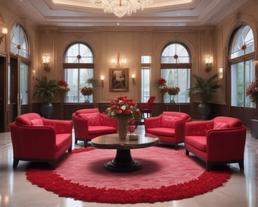 A cozy, candlelit room with a plush bed and rose petals scattered, evoking a romantic getaway.