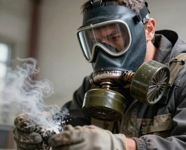 A sleek industrial face mask resting on a dark surface with subtle lighting highlighting its contours.