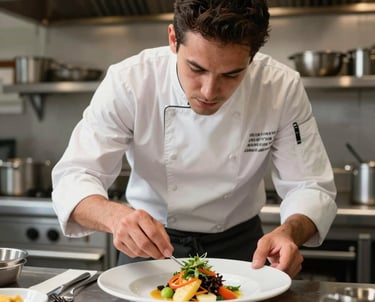 Portrait of a focused chef working in a modern Brazilian kitchen, plating a colorful dish with precision. The lighting is bright and clean, showing expertise and dedication.