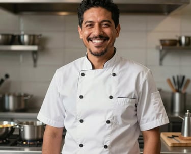 Portrait of a smiling professional man in a clean, modern kitchen uniform, standing in a brightly lit South American culinary studio. The composition is a medium shot, professional and friendly.