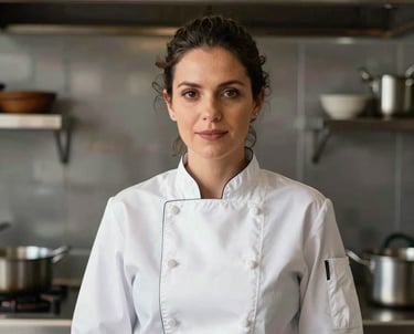 Portrait of a professional female chef with a focused and friendly gaze, dressed in white chef whites, standing in a high-end kitchen with stainless steel and wooden accents in Brazil.