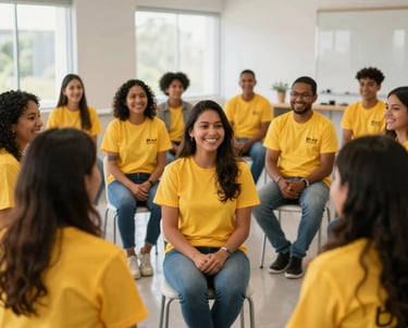 A group of diverse South American / Brazilian volunteers in golden yellow shirts during an empathy training session, smiling and engaged in a brightly lit modern community center.