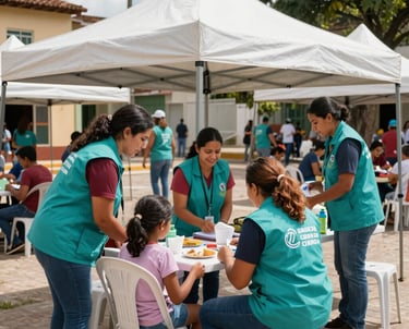 An outdoor community health event in a South American / Brazilian town square, volunteers in teal vests assisting local families under white tents, sunny day, hopeful atmosphere.
