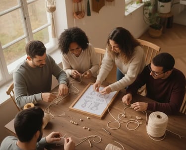 Grupo diverso de personas asisten a un taller de macramé, aprendiendo técnicas de anudado 