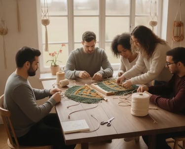 Grupo diverso de personas que asisten a un taller creativo de macramé para aprender técnicas