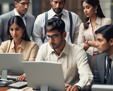 A professional team collaborating over recruitment data and candidate profiles in a modern office.