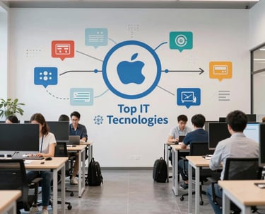 A diverse group of IT professionals collaborating over laptops in a modern office setting.