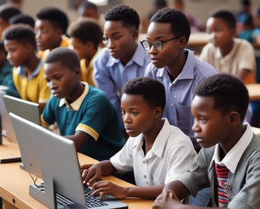 Young adults attentively learning computer skills in a bright classroom setting in Ghana.