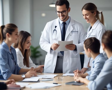 A small group of healthcare professionals engaged in a hands-on training session with an expert instructor.