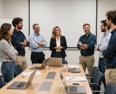 A sleek, modern workspace with professionals collaborating over laptops and coffee.