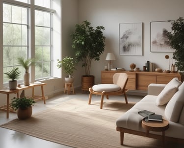 A cozy corner with a journal, a cup of herbal tea, and a small potted plant.