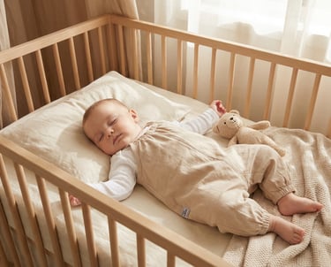 A newborn baby sleeping peacefully in a wooden crib with a plush teddy bear.