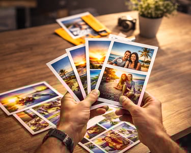 Hands holding printed vacation photos of couples and beach sunsets on a wooden table.