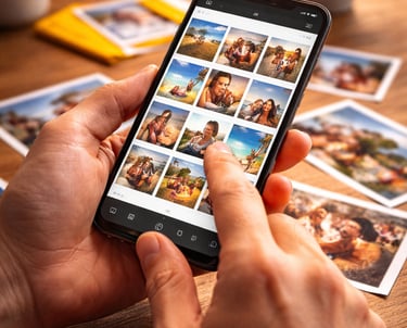 Person scrolling through travel photos on a smartphone gallery app with printed polaroids on a wooden table.