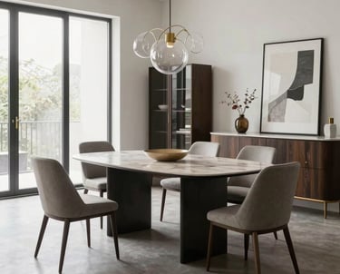 Sophisticated kitchen and living room with custom furniture, warm lighting, and premium finishes.