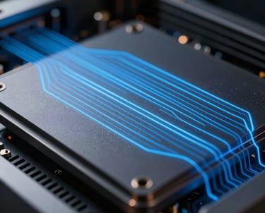 Macro photography of a sleek, dark metallic computer component with soft blue glowing lines, symbolizing high-speed processing. North American / Global Financial Market.