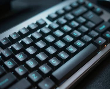 Macro photography of a sleek, dark metal computer keyboard in a dimly lit trading room with soft cyan highlights. North American / Global Financial Market.
