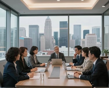 A professional shot of a modern office meeting room with glass walls and a view of the city skyline. North American / Global Financial Market.