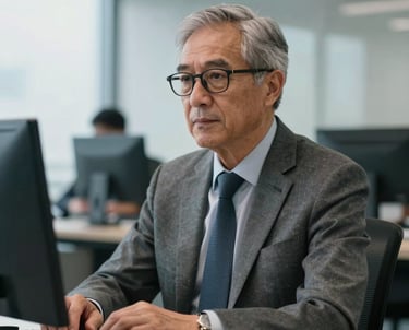 A professional portrait of a senior financial analyst in a modern office, looking focused and sophisticated. North American / Global Financial Market.