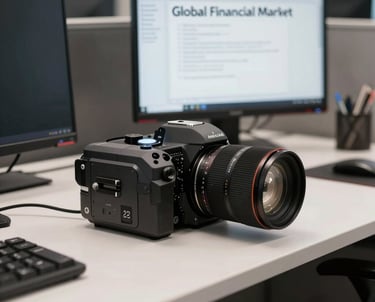 A sharp, detailed photograph of a professional office desk with a clean aesthetic and high-tech equipment. North American / Global Financial Market.