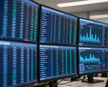 A professional shot of a modern financial office with high-tech displays showing glowing blue market data. North American / Global Financial Market.