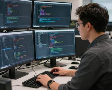 A professional photograph of a lead software engineer at a workstation with multiple monitors showing code and data. North American / Global Financial Market.