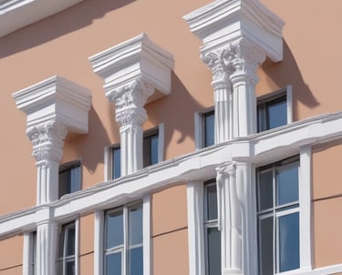 Technician measuring and marking building facade for EPS cornice installation.