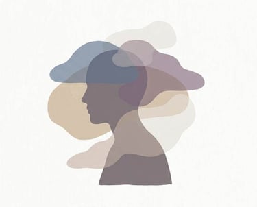 Minimal illustration of human profile with layered shapes representing mental fatigue