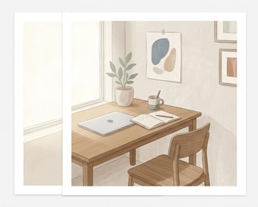 Minimal illustration of a calm writing workspace with desk, laptop, and notebook