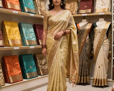 A vibrant display of colorful designer sarees neatly arranged inside the cozy Rasm Sarees shop.