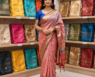 A vibrant display of colorful designer sarees neatly arranged in the Rasm Sarees store.