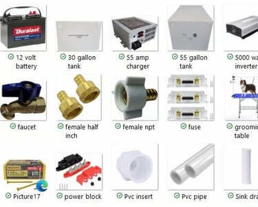 Product list to convert a van into a mobile grooming unit