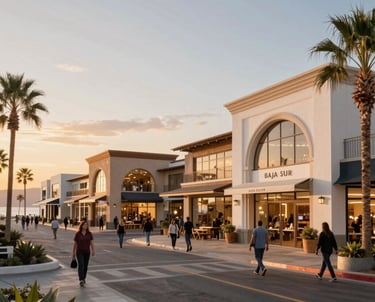 A panoramic view of Plaza Pino Payas bustling with new businesses and happy investors.