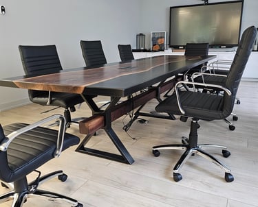 12ft x 3.5ft black walnut epoxy conference table — full view