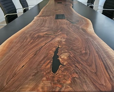12ft walnut epoxy river boardroom table — grain close-up