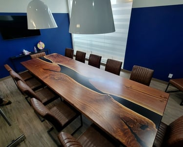 Black walnut black epoxy river conference table — full surface