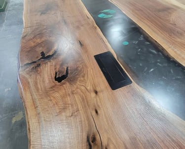 Black walnut epoxy river conference table — top and side view