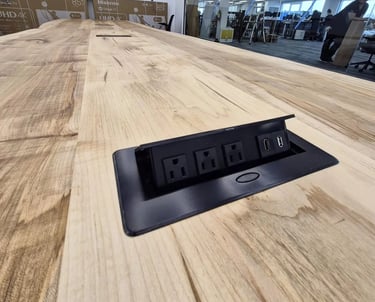 21ft maple boardroom table — grain and finish detail, hand-selected solid maple slab