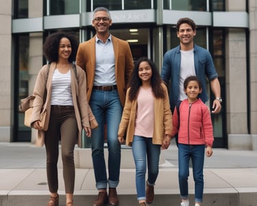 A welcoming scene of a diverse group of newcomers discussing finances with a friendly advisor.